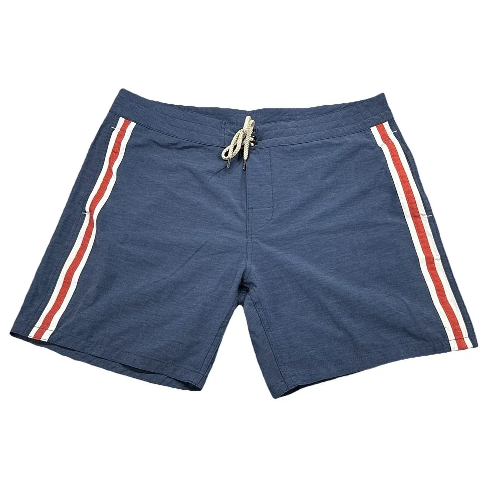 Faherty Surf Board Shorts Mens 38‎ Blue Stripe Trim Swim Wear Beach Casual 7